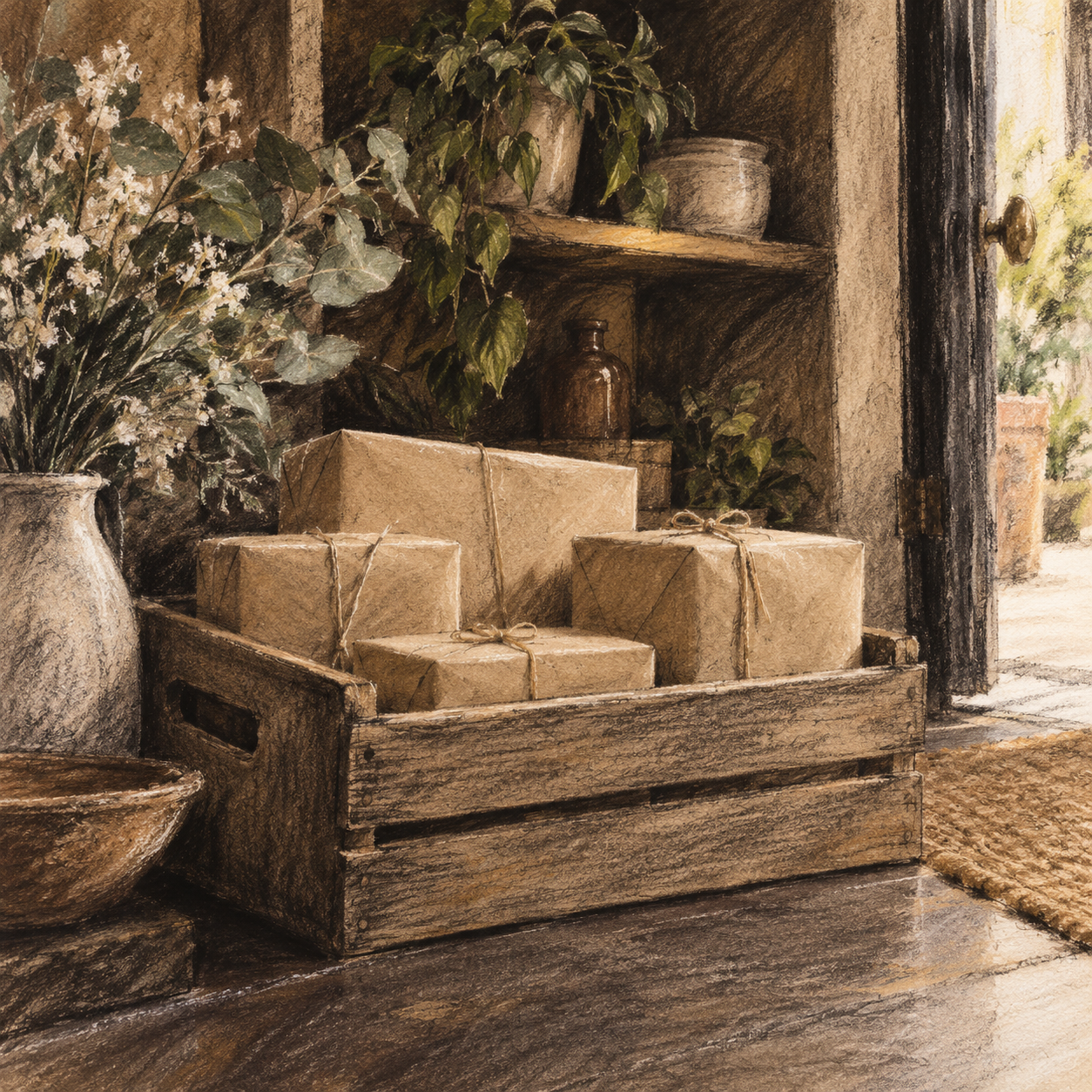 Illustration of local small-business storefront: a display niche, a delivery crate, a welcoming doorway