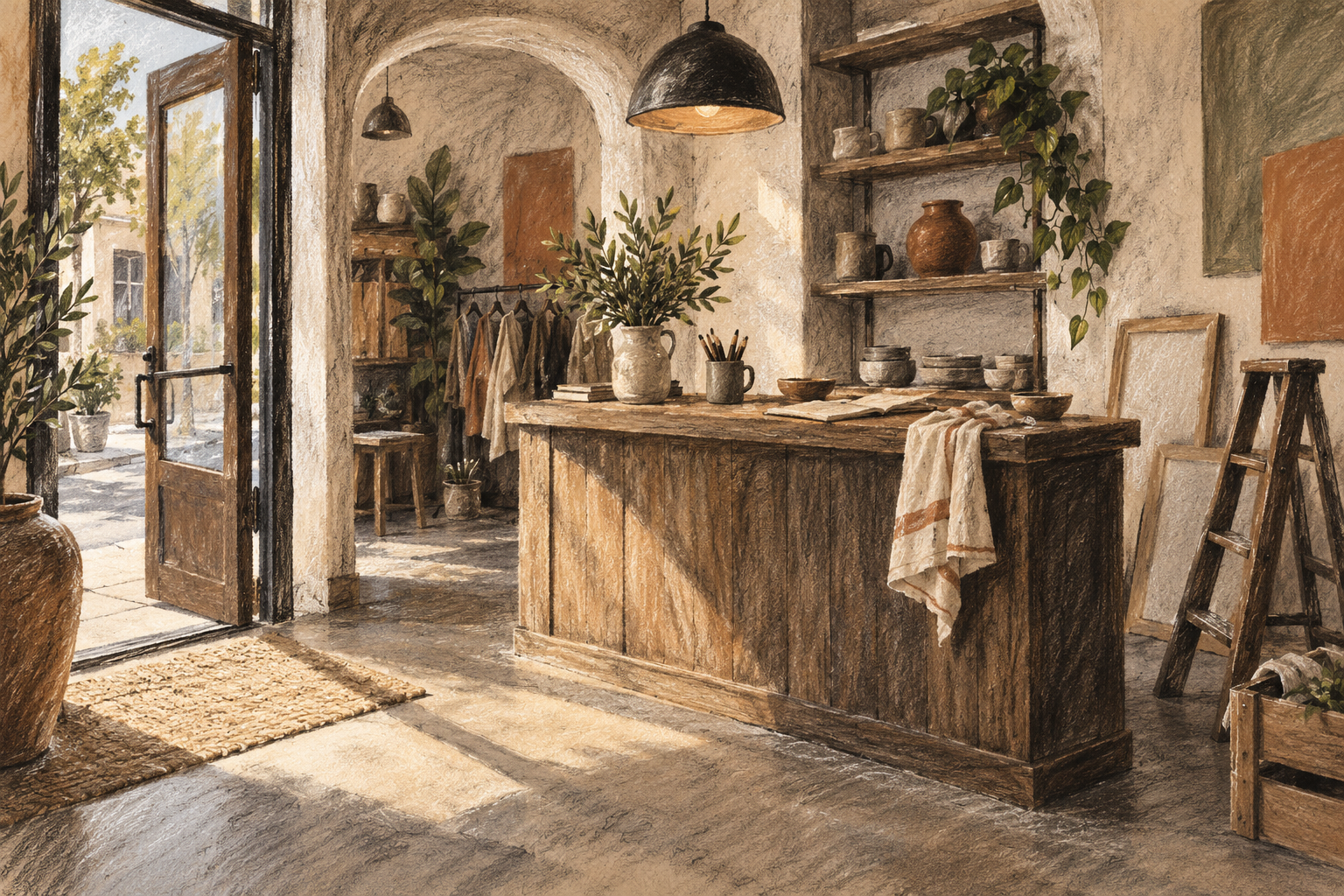 Illustration of local small-business storefront: a welcoming doorway, a modest unlettered shopfront, a timber counter