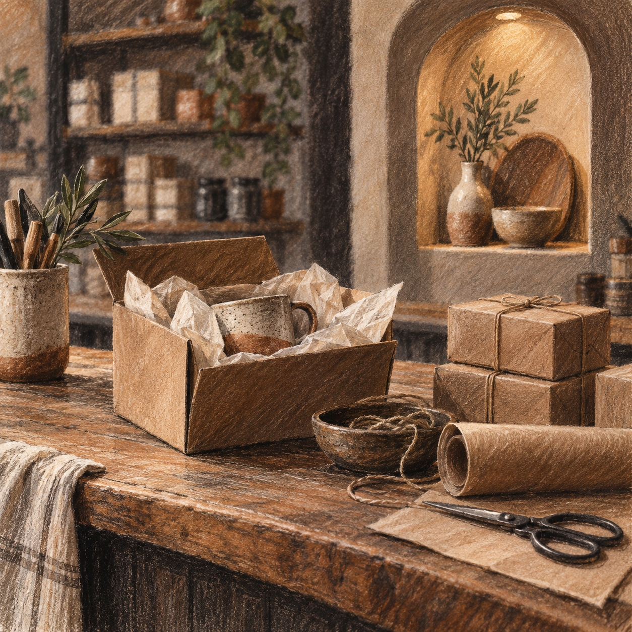 Illustration of local small-business storefront: a timber counter, neatly packed inventory, a display niche